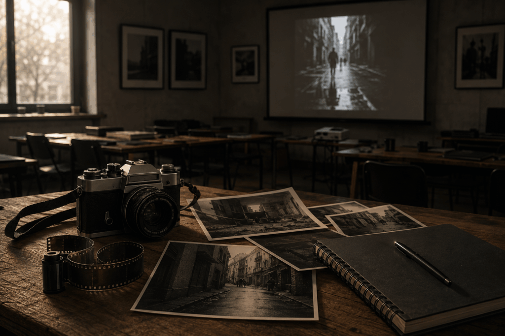 Fotoğraf atölyesi sonrası boş sınıf, analog fotoğraf makinesi, film şeridi ve siyah beyaz fotoğraflar.