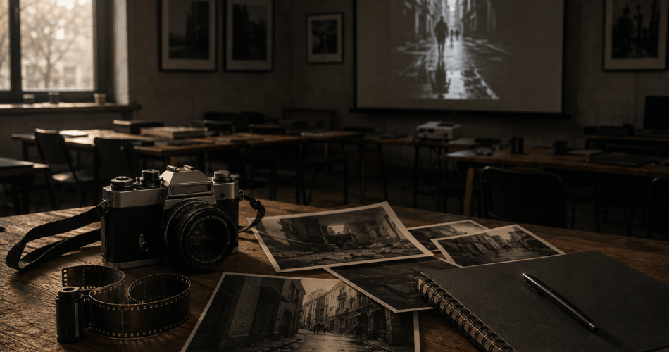 Fotoğraf atölyesi sonrası boş sınıf, analog fotoğraf makinesi, film şeridi ve siyah beyaz fotoğraflar.