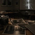 Fotoğraf atölyesi sonrası boş sınıf, analog fotoğraf makinesi, film şeridi ve siyah beyaz fotoğraflar.