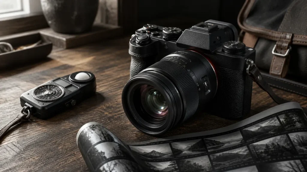 Ceviz çalışma masasında profesyonel fotoğraf makinesi, ışıkölçer ve kontak baskı