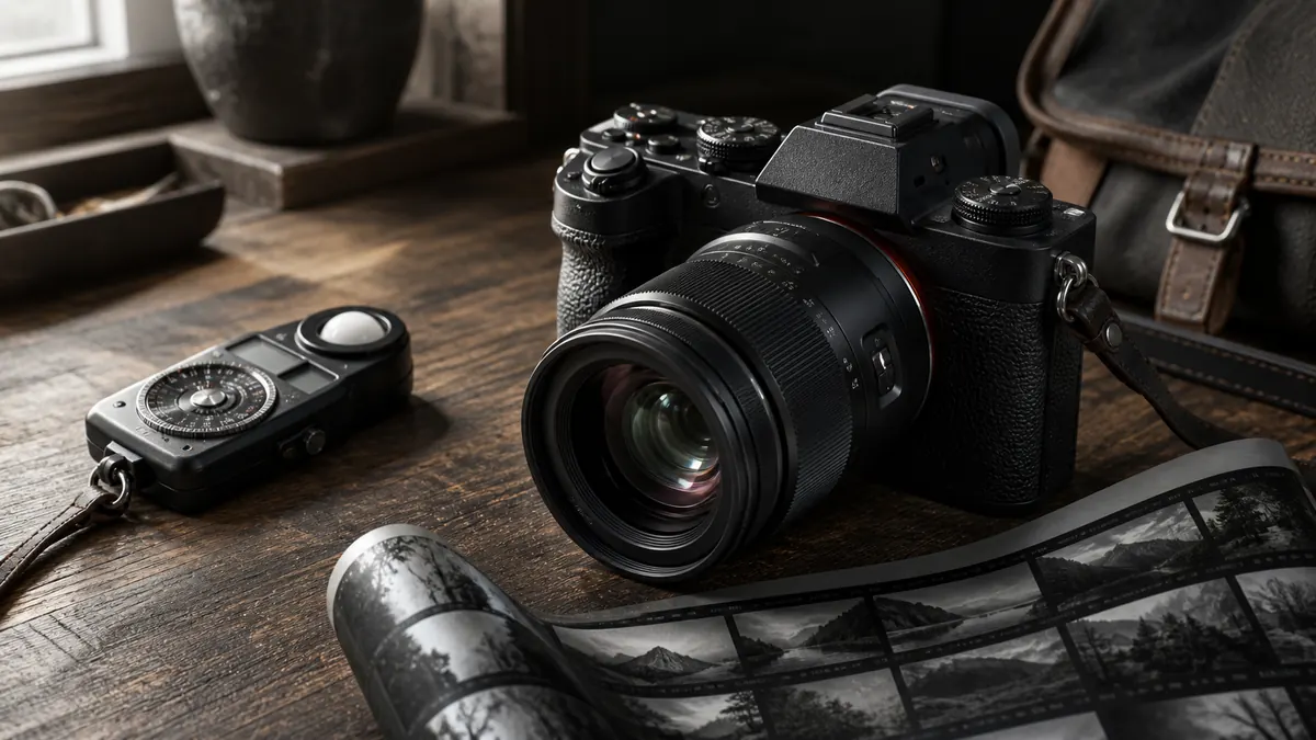 Ceviz çalışma masasında profesyonel fotoğraf makinesi, ışıkölçer ve kontak baskı
