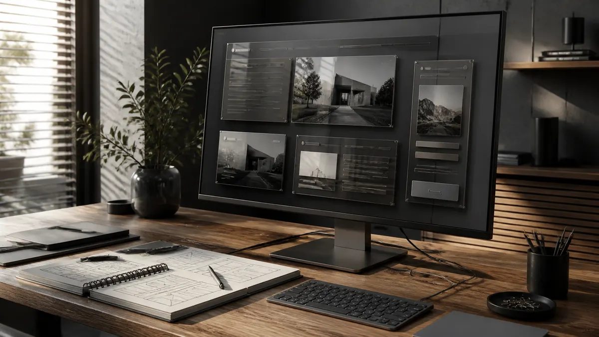 Ahşap çalışma masasında responsive arayüz gösteren monitör, çizim defteri ve klavye