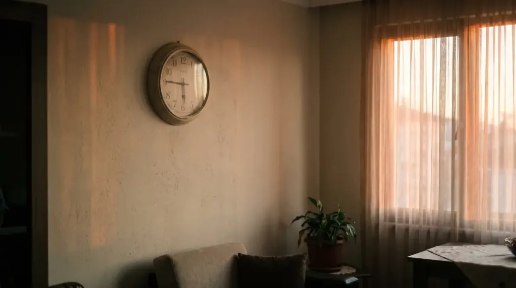 Durmuş saat: duvarda solmamış açık renkli bir daire ve yanında akrebi ve yelkovanı durmuş eski bir saat